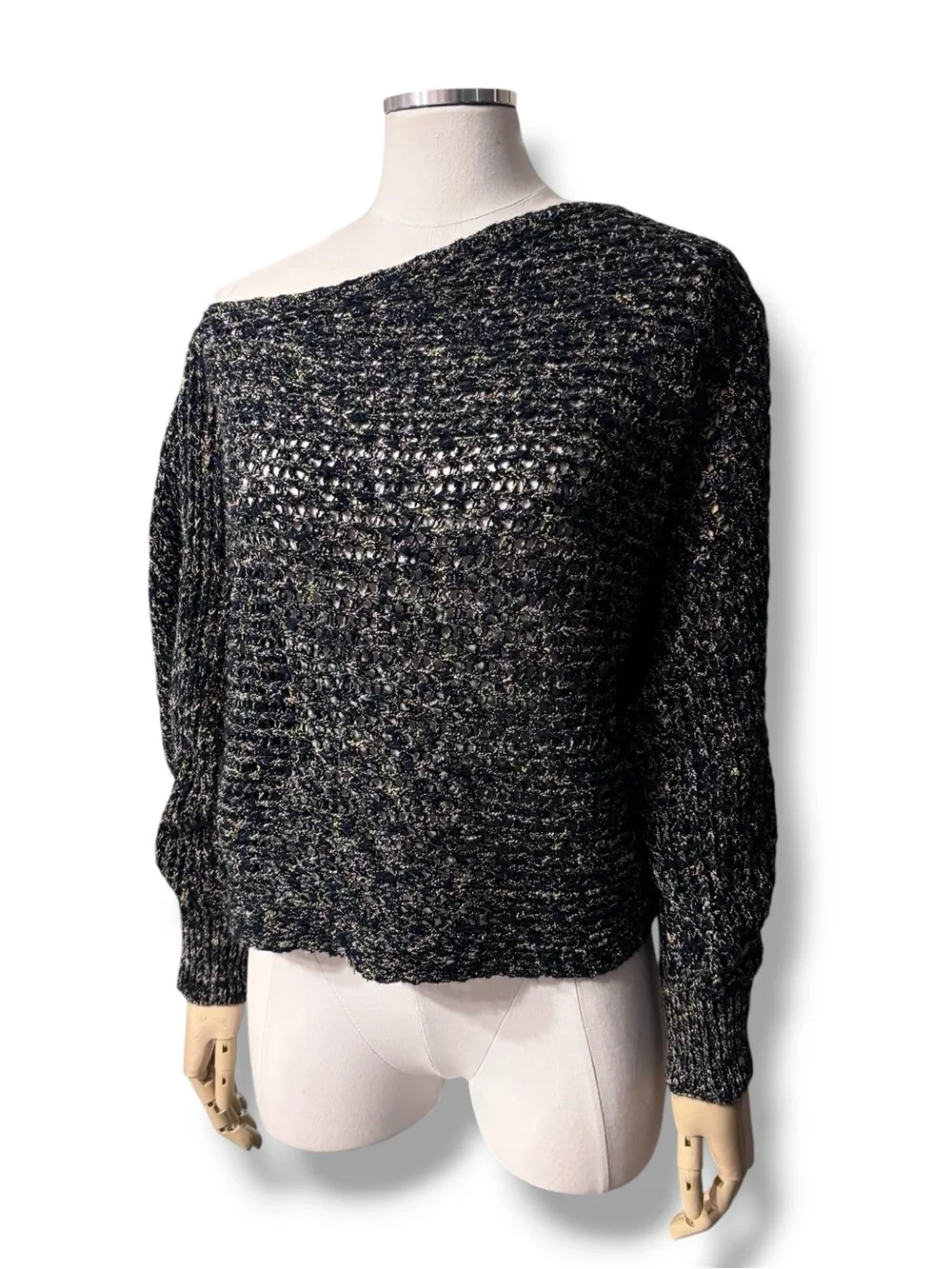 FREE PEOPLE Linen Blend Confetti Knit Boat Neck Off-The-Shoulder Crop Sweater